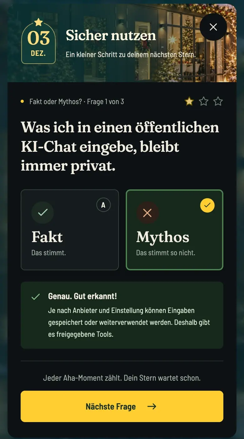 Demo-Ansicht: Auflösung mit kurzer Erklärung zur gewählten Antwort.