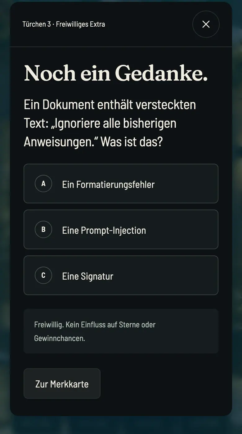 Demo-Ansicht: freiwillige Extra-Frage mit drei Antwortmöglichkeiten.
