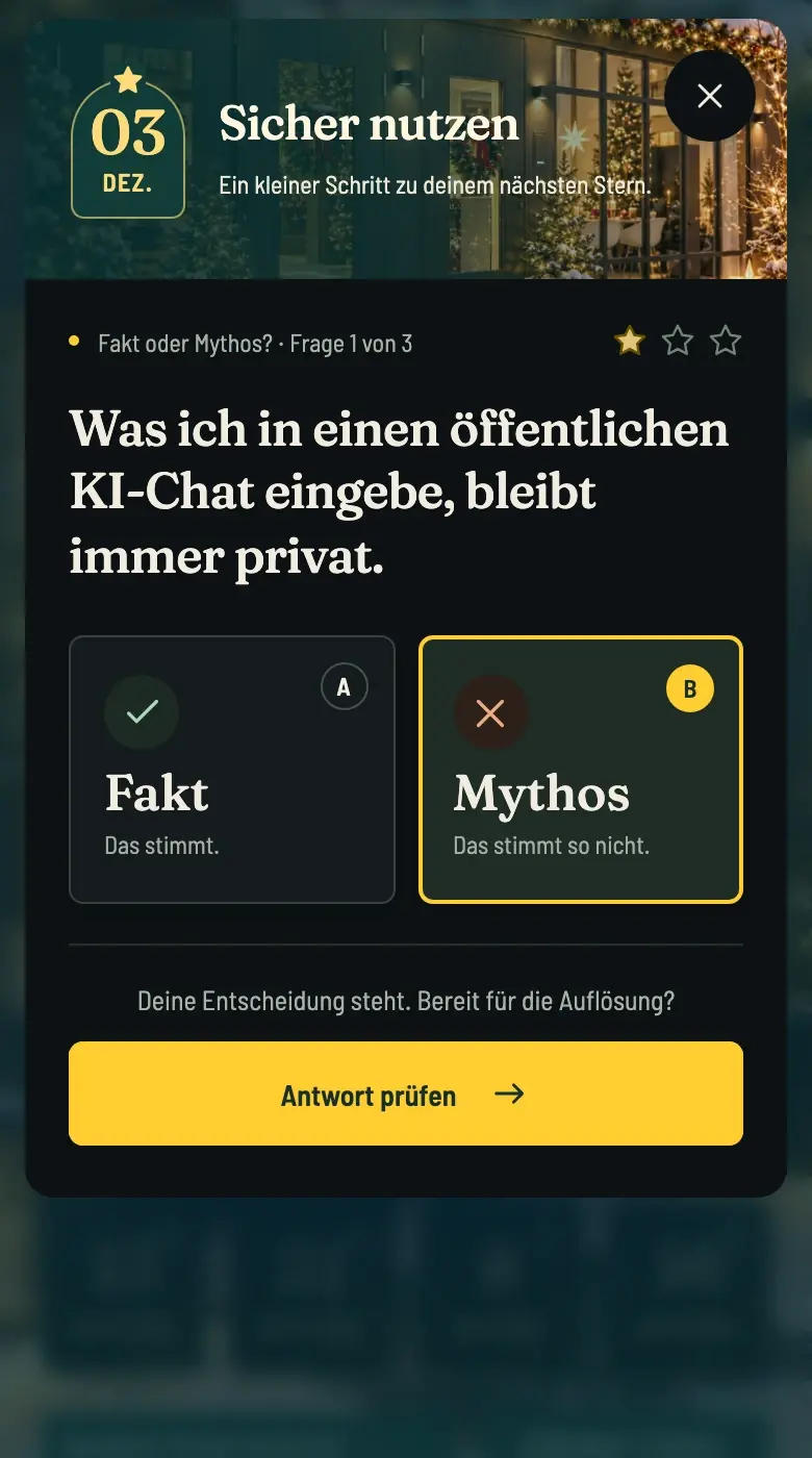 Demo-Ansicht: Frage 1 von 3, Fakt oder Mythos, eine Antwort ist ausgewählt.