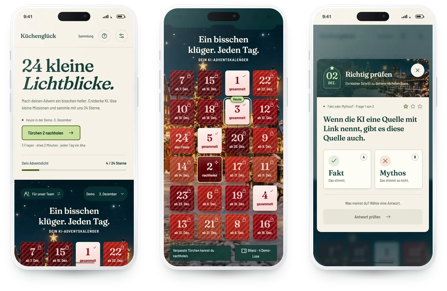 Adventsprompt im Branding Küchenglück auf drei Smartphones: Einstieg, Kalender und Mission