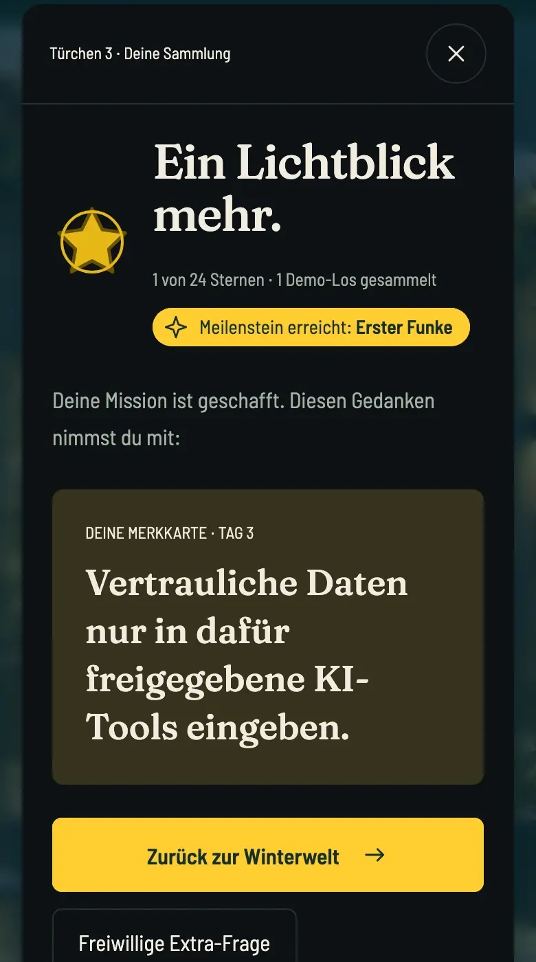 Demo-Ansicht: Mission geschafft, Merkkarte des Tages und ein gesammeltes Demo-Los.