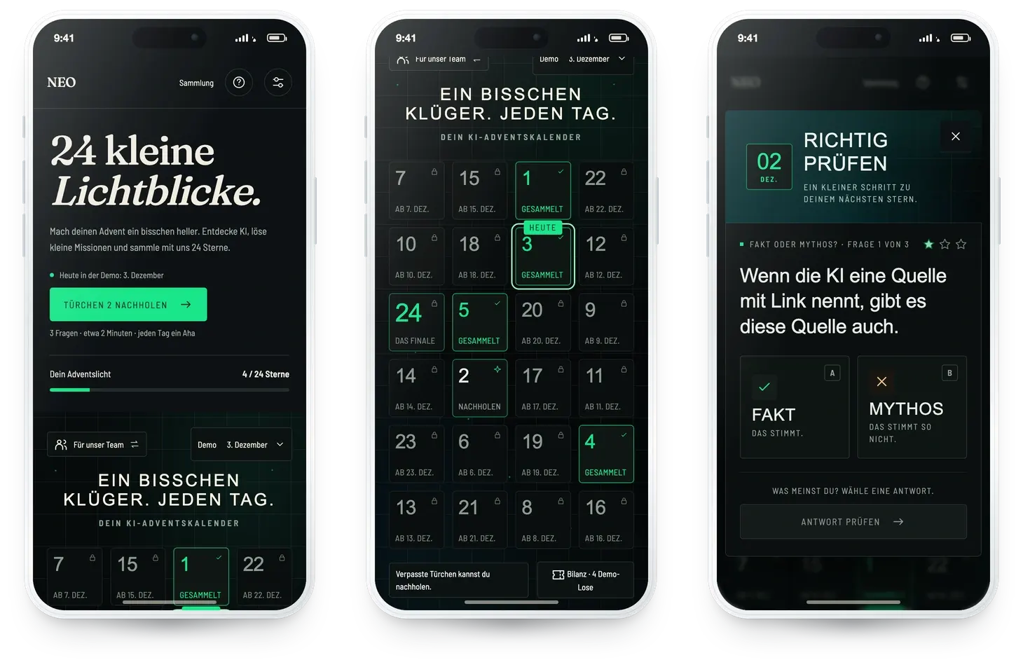 Adventsprompt im Branding NEO auf drei Smartphones: Einstieg, Kalender und Mission