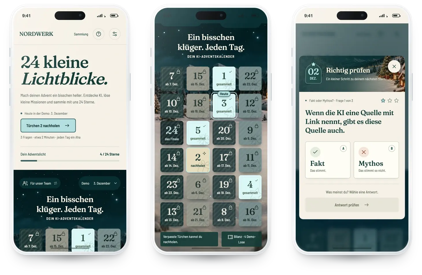 Adventsprompt im Branding NORDWERK auf drei Smartphones: Einstieg, Kalender und Mission