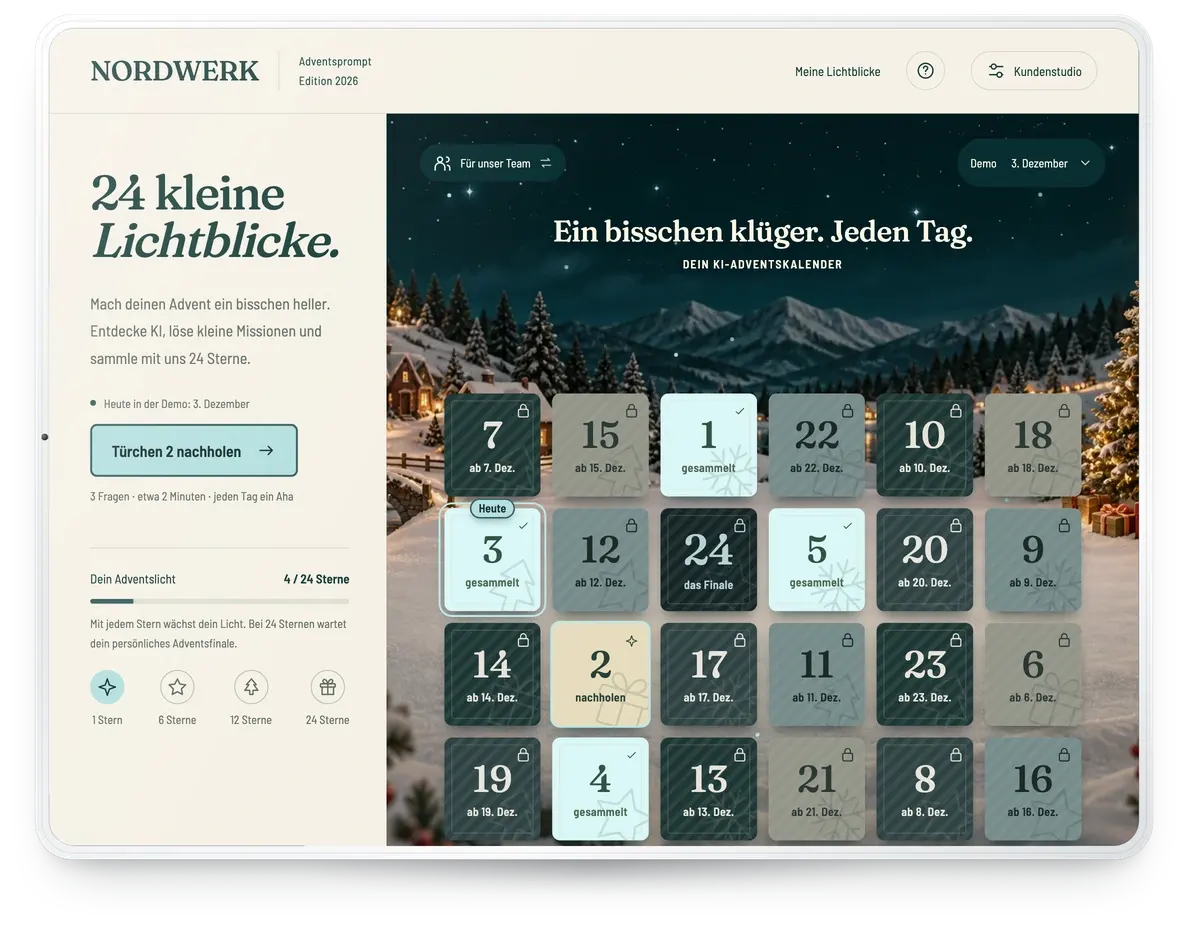 Adventsprompt im Branding NORDWERK auf einem Tablet