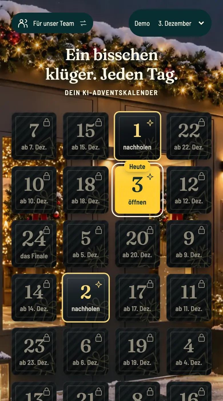 Demo-Ansicht: Kalender mit 24 Türchen, das heutige Türchen 3 ist hervorgehoben.