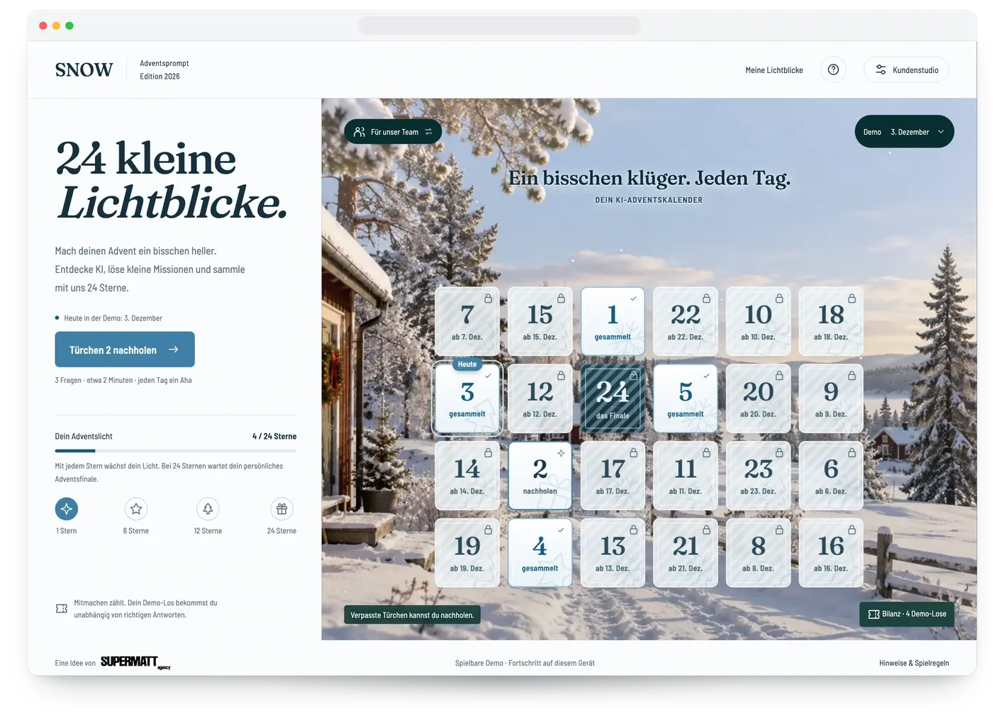 Adventsprompt im Branding SNOW auf einem Desktop-Bildschirm