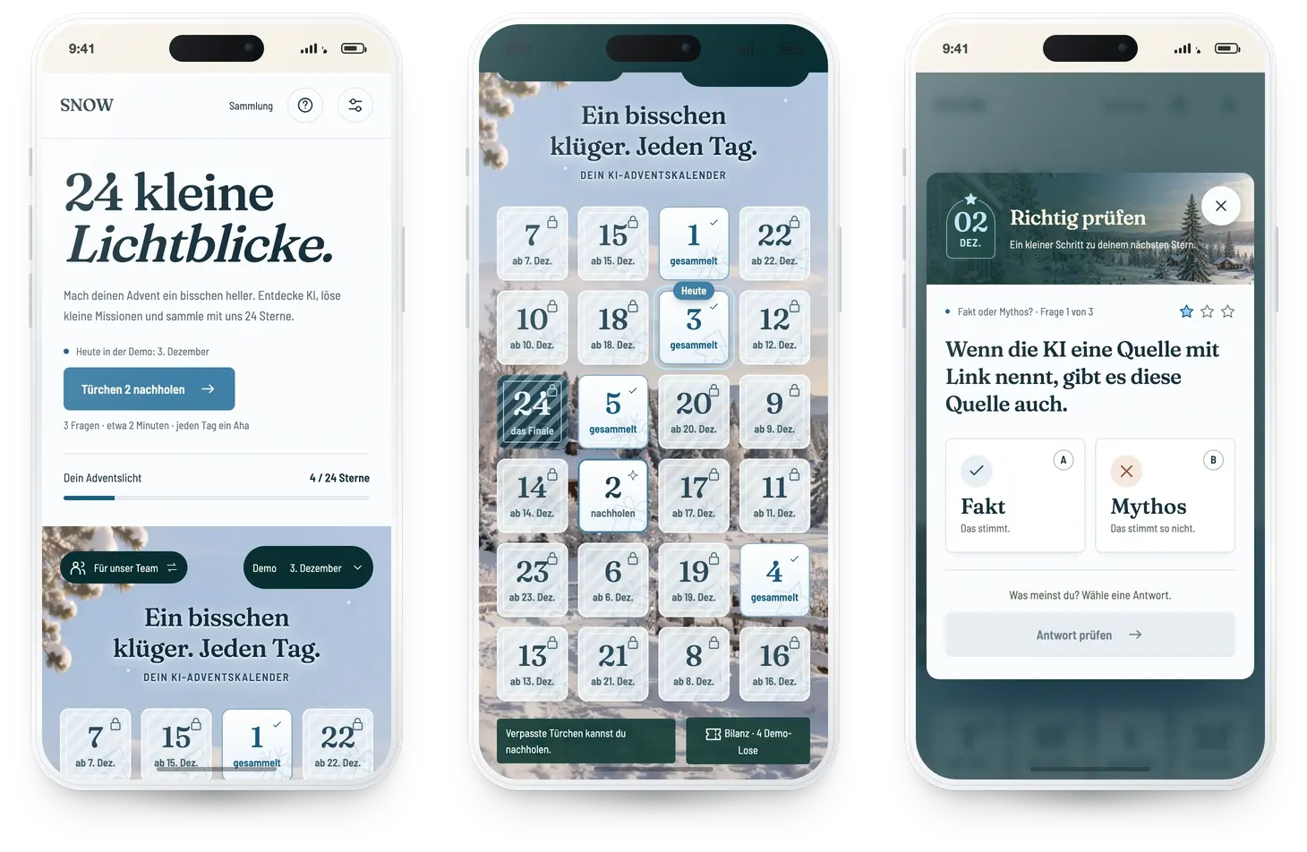 Adventsprompt im Branding SNOW auf drei Smartphones: Einstieg, Kalender und Mission
