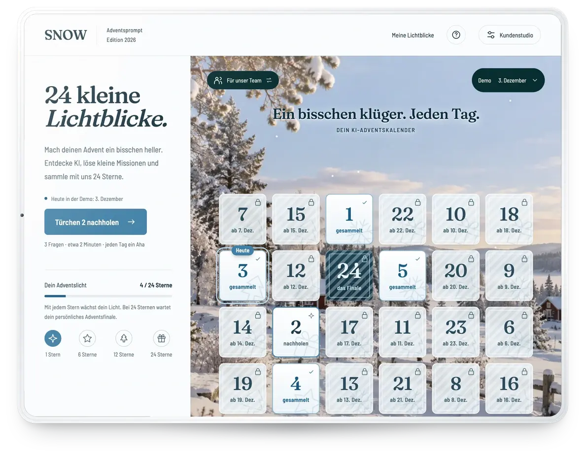 Adventsprompt im Branding SNOW auf einem Tablet