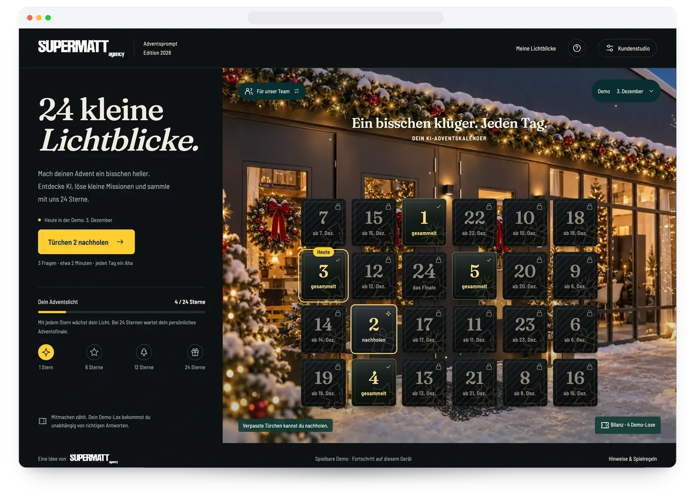 Adventsprompt im SUPERMATT-Branding auf einem Desktop-Bildschirm: links die Einladung „24 kleine Lichtblicke“, rechts der Kalender mit 24 Türchen vor einem verschneiten Eingang