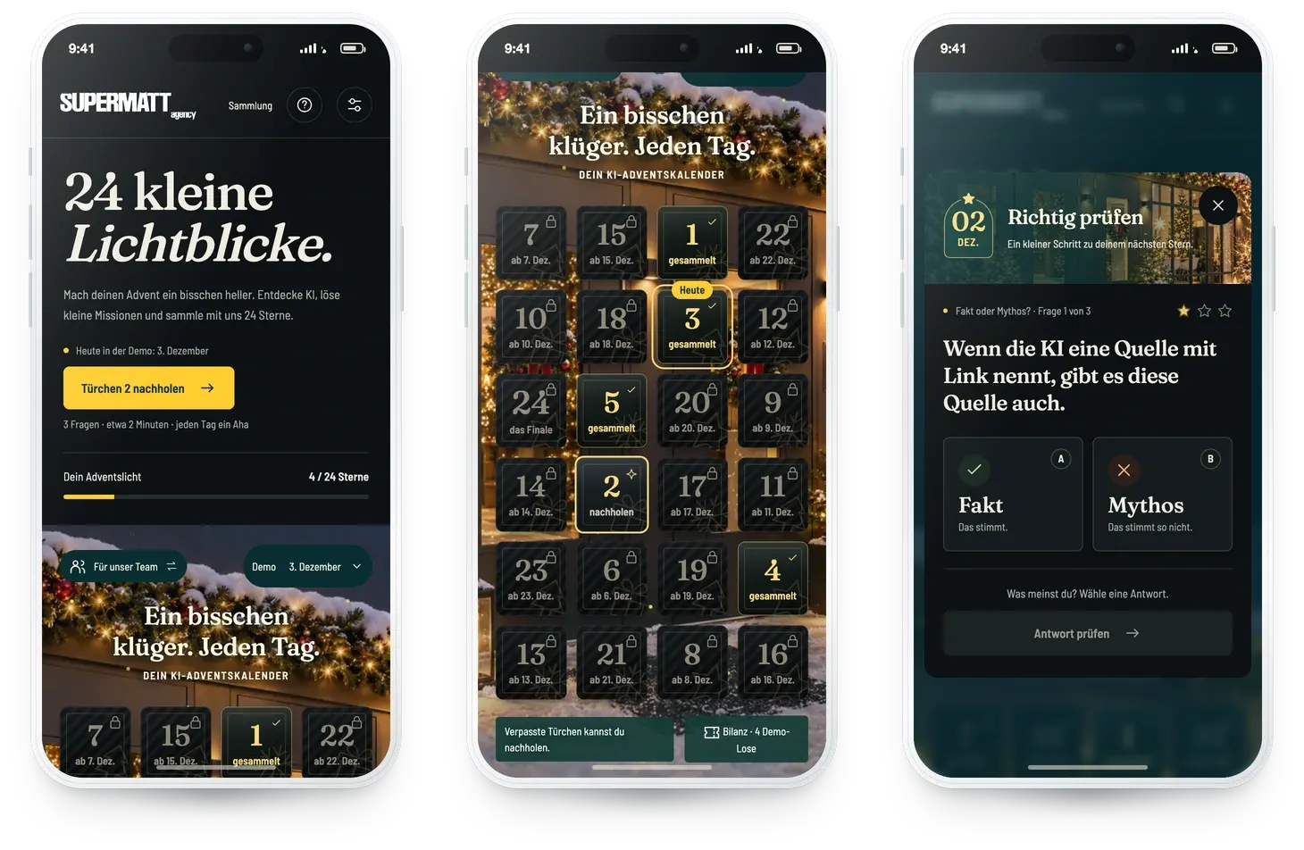 Adventsprompt im Branding SUPERMATT auf drei Smartphones: Einstieg, Kalender und Mission