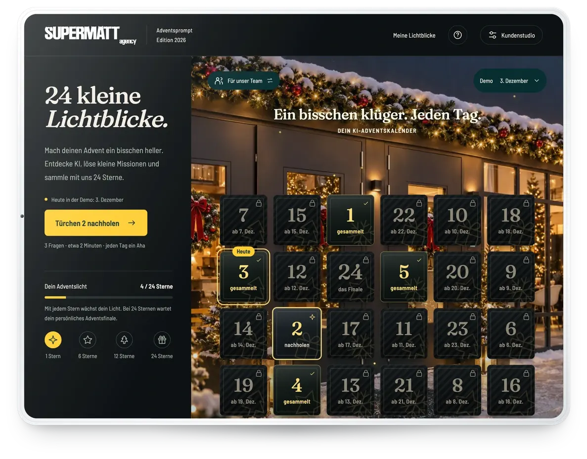 Adventsprompt im Branding SUPERMATT auf einem Tablet